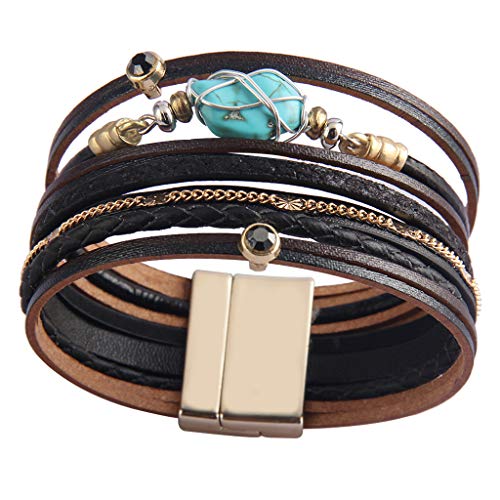 GelConnie Womens Leather Cuff Bracelet Feather Multi Strand Bracelet Wrap Bracelet Turquoise Boho Bangle Braided Leather Wristbands Bohemian Jewelry Gifts for Women Wife Sister - color: Black Leather Bracelet