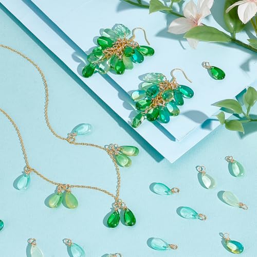 PH PandaHall 96pcs Green Teardrop Charms 8 Colors Transparent Glass Crystal Pendants, 18mm Crystal Dangle Charms Wire Wrapped Water Drop Charm for Necklace Bracelet Earring Jewelry Making