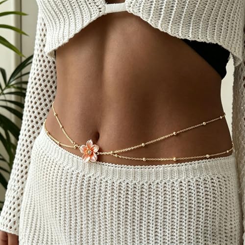 Gold Starfish Waist Chain Belt for Women Pearl Starfish Shell Mermaids Belly Chains Layered Boho Flower Belt Chains Sex Bikini Body Chain Mermaids Costume Accessories Summer Beach Jewelry - style: Pink Flower