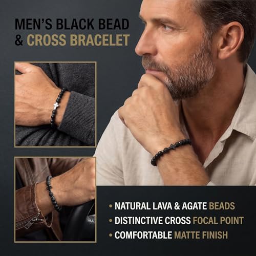 Flybar Men's 4 Piece Beaded Bracelet Set, Natural Lava Stone Black Onyx Matte Agate Tiger Eye, Stretchable Elastic Handmade Stackable - color: CK03 Black Agate