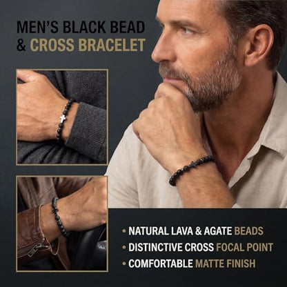 Flybar Men's 4 Piece Beaded Bracelet Set, Natural Lava Stone Black Onyx Matte Agate Tiger Eye, Stretchable Elastic Handmade Stackable - color: CK03 Black Agate