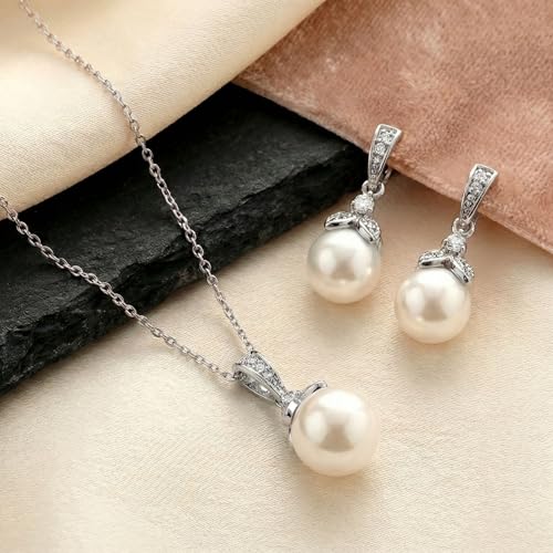Mariell Pearl Drop Bridal Necklace Earrings Set with CZ Crystals for Bride, Bridesmaid, Birthday Gift - color: Silver Necklace Earrings Set