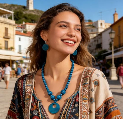 LOTSOF Boho Wooden Beaded Necklace and Earring Set for Women, Bohemian Chunky Statement Costume Jewelry, Round Drop Pendant Retro Ethnic Accessories Ladies Gift - color: Peacock Blue