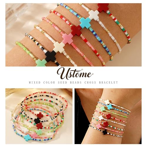 Colorful Stackable Rice Small Mini Seed Beaded Bracelets Set For Women, Handmade Dainty Boho Gold Glass Stretch Accessories Jewelry,Summer Beach Party Daily Friendship Gift - color: Cross175