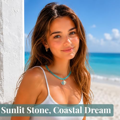SAMYA Gemstone Beaded Necklace for Women, Natural Stone Ocean Jewelry | Fish or Seashell Pendant Beach Necklace, Gold Spacer Accents, Reinforced Stainless Steel Clasp, Adjustable 16"+2" - color: Turquoise