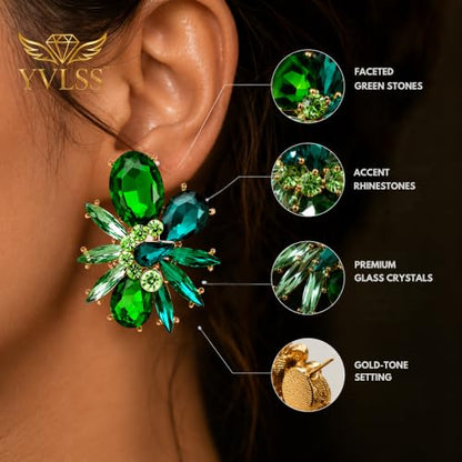 Blue Flower Crystal Earring - color: Green