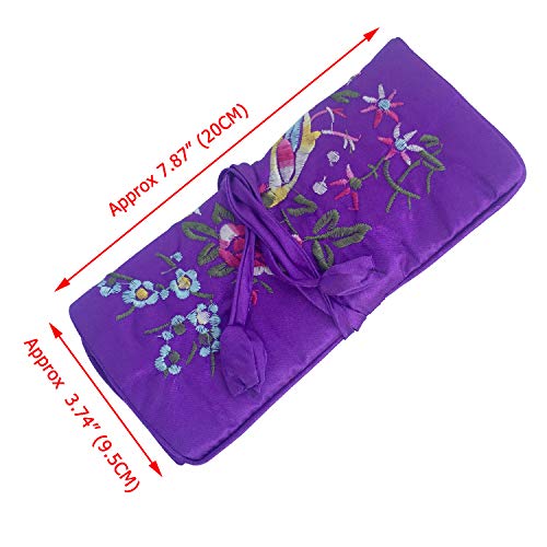 Travel Jewelry Roll Bag - Silk Embroidered Brocade Pouch for Rings, Necklaces, Earrings, Bracelets | Lightweight & Tie Closure (Dark Purple) - color: Dark Purple