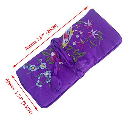 Travel Jewelry Roll Bag - Silk Embroidered Brocade Pouch for Rings, Necklaces, Earrings, Bracelets | Lightweight & Tie Closure (Dark Purple) - color: Dark Purple