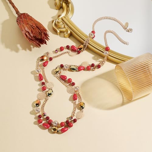 Bocar Long Necklaces for Women Trendy, Boho Layered Crystal Beaded Collar Necklaces for Women, Fashion Statement Necklaces Jewelry - color: Wine