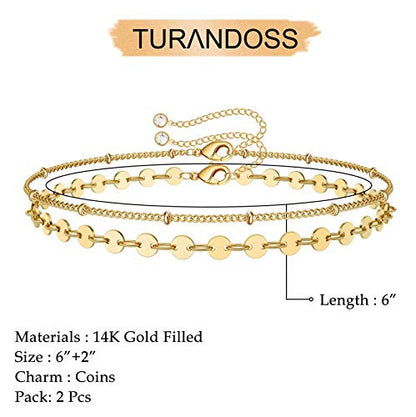 Dainty Gold Bracelets for Women, 14K Gold Plated Adjustable Layered Beads Bracelet Cute Evil Eye Oval Chain Pearl Bar Turtle Gold Bracelets for Women Jewelry - style: Coin Beads Chain