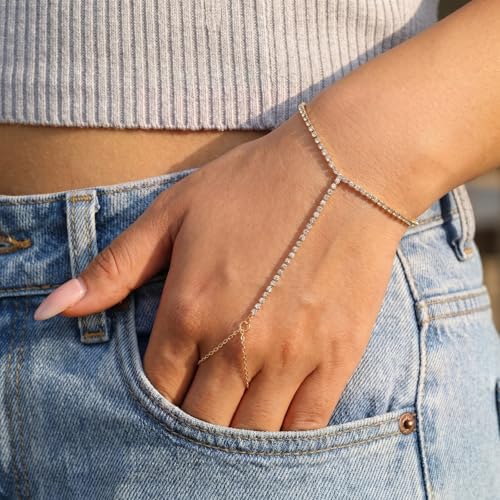 14K Gold Hand Chain Ring Bracelet-SM - style: Full Pave