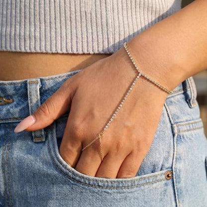14K Gold Hand Chain Ring Bracelet-SM - style: Full Pave