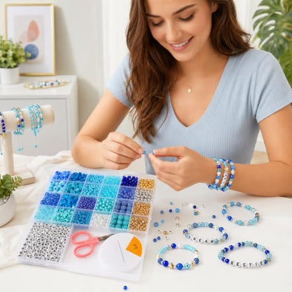 1900 PCS Blue Mixed Beads for Jewelry Making, Bracelet Making Kit with Alphabet Beads, Clay Beads, Pony Beads, Seed Beads and Pearls for DIY Jewelry Crafts