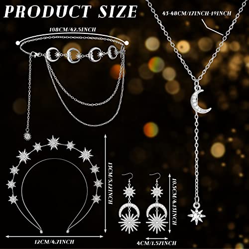 Glenmal 4 Pieces Celestial Jewelry Moon Stars Crown Necklaces and Body Chain Headband Drop Earrings for Women - color: Silver
