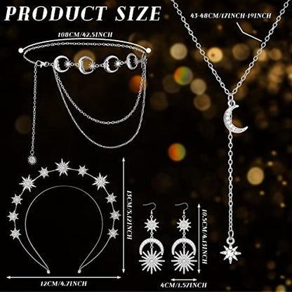 Glenmal 4 Pieces Celestial Jewelry Moon Stars Crown Necklaces and Body Chain Headband Drop Earrings for Women - color: Silver