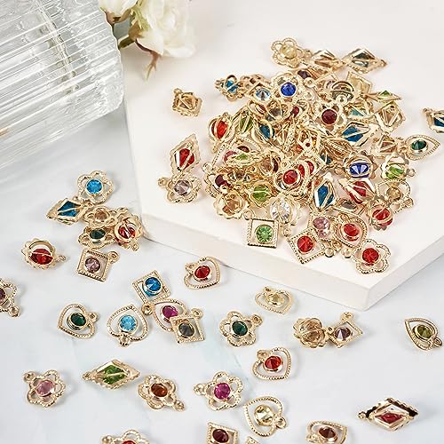Cheriswelry 100Pcs Light Gold Plated Rhinestone Iron Charms Crystal Heart Flower Rhombus Round Pendants 5 Styles 15-19mm for DIY Crafts Necklace Earring Jewelry Making - color: Mixed Color*4