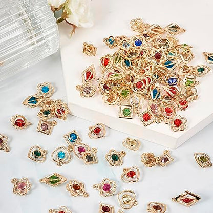 Cheriswelry 100Pcs Light Gold Plated Rhinestone Iron Charms Crystal Heart Flower Rhombus Round Pendants 5 Styles 15-19mm for DIY Crafts Necklace Earring Jewelry Making - color: Mixed Color*4