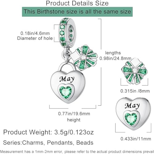 Love Heart Birthstone Dangle Charms Compatible with Pandora Bracelets | 925 Sterling Silver 5A Cubic Zirconia Mother's Day Christmas Birthday Birthstone Gifts Bead Charm Pendants Women Jewelry - color: May Dangle Birthstone Charms