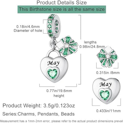 Love Heart Birthstone Dangle Charms Compatible with Pandora Bracelets | 925 Sterling Silver 5A Cubic Zirconia Mother's Day Christmas Birthday Birthstone Gifts Bead Charm Pendants Women Jewelry - color: May Dangle Birthstone Charms