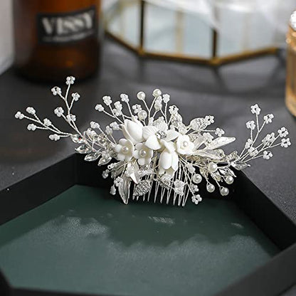 Handmade Silver Bridal Hair Comb Clip Flower Bride Wedding Bridesmaids Hair Vine Crystal Hair Accessories for Brides Headpieces