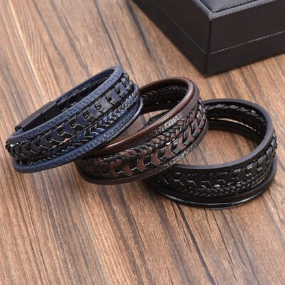 Mens Leather Bracelet Multi-Layer Braided Bracelet Wristband Father's Day Birthday Jewelry Gifts 8.5" Classic Bracelet with Stainless Steel Buckle - color: brown