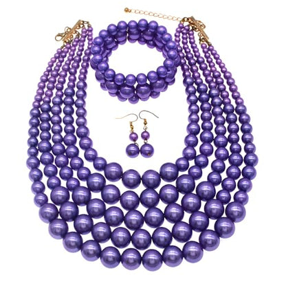 JNF Large Faux Pearl Necklaces for Women Multi strand Pearl Necklace Bracelet and Earrings Set 1920s Costume Pearls Necklace Jewelry Accessories - color: Purple