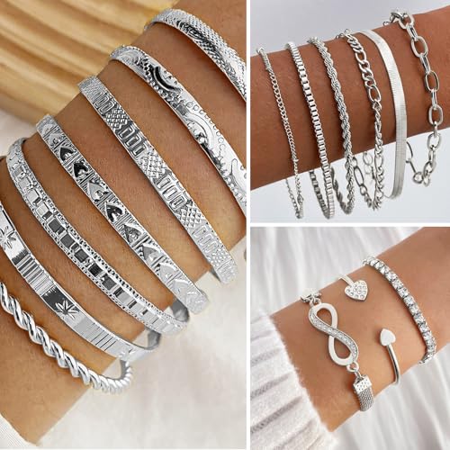 IFKM 36 PCS Silver Plated Jewelry Set with 3 PCS Necklace, 12 PCS Bracelet, 7 PCS Ear Cuffs Earring, 14 Pcs Knuckle Rings for Women Valentine Anniversary Birthday Friendship Gift - color: Trendy Silver Set