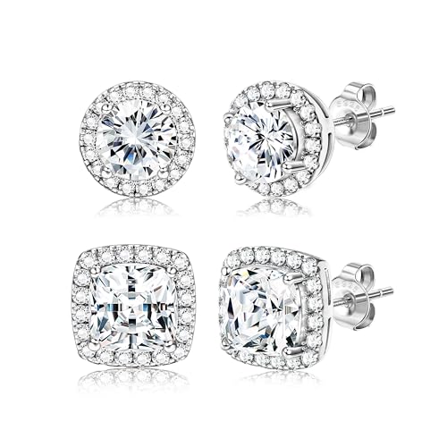 18K Gold Plated Halo Stud Earrings 925 Sterling Silver Cubic Zirconia Stud Earrings Round Square Diamonique Stud Earrings Set for Women Men - color: Silver