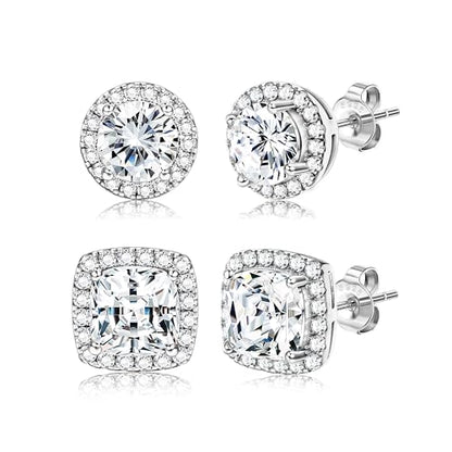 18K Gold Plated Halo Stud Earrings 925 Sterling Silver Cubic Zirconia Stud Earrings Round Square Diamonique Stud Earrings Set for Women Men - color: Silver