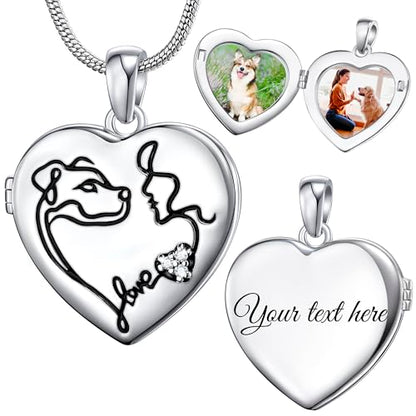 Fanery Sue Personalized Pet Locket Picture Necklace,Dog Cat Memory Gift | Custom Engraved Heart Photo Lockets Necklaces,Dog Cat Sympathy Memorial Jewelry for Women Men - color: Sliver, style: Dog Mom