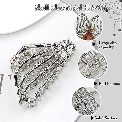 Metal Skull Hand Hair Clip, 1 piece, Silver, Punk-inspired Art, Skull Embellishment, Metal, Halloween, Hair Securing, Claw Hair Clip for Women's Hairstyle - color: Silver