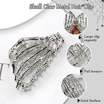 Metal Skull Hand Hair Clip, 1 piece, Silver, Punk-inspired Art, Skull Embellishment, Metal, Halloween, Hair Securing, Claw Hair Clip for Women's Hairstyle - color: Silver