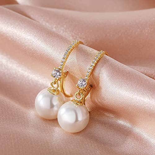Pearl Dangle Drop Earrings for Women 925 Sterling Silver Pearl Leverback Earrings Cubic Zirconia Pearl Dangling Earrings 10MM - color: 2: Yellow-10mm
