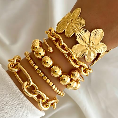 Golden Bangle Bracelets Set for Women, 14k Gold-Plated Multi Layer Stackable Cuff Bracelets, Personalized Boho Non Tarnish Adjustable Bangle Jewelry Gift for Her - color: 6PCS Gold Flower