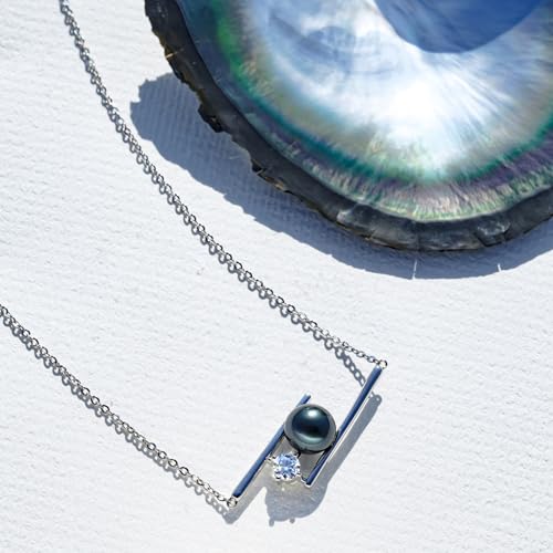 Genuine Tahitian Black Pearl Necklace for Women, 9-11mm AAAA Seawater Pearl with Sterling Silver Moissanite Pendant, Jewelry Gift for Wife, Mom, Girlfriend, Wedding Anniversary, Birthday, Christmas - size: 9-10mm, style: Asymmetric Bar Design