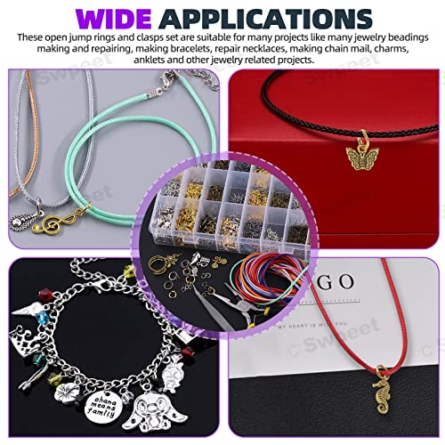 Swpeet 1414Pcs 4mm 5mm 6mm 8mm 10mm Open Jump Rings and Lobster Clasps with Jewelry Repair Tools Assortment Kit, Including Waxed Necklace Cords, 12mm Lobster Clasps, Tibetan Silver Pendant