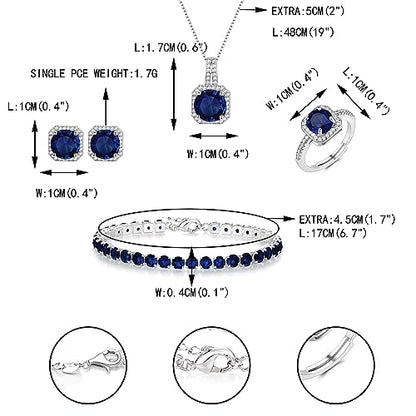 EVER FAITH Wedding Jewelry Set for Bride Bridesmaid, Glamour Teardrop Cubic Zirconia Pendant Necklace Earrings Tennis Bracelet Open Ring Sets for Birthday/Valentine's Day/Mother's Day/Christmas - color: B_Sapphire Blue