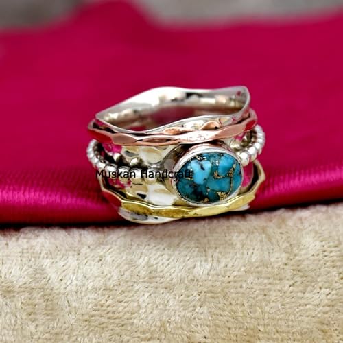 925 Sterling Silver Blue Copper Turquoise Spinner Ring | Handmade, Three Tone, Hammered Band, For Women, Sizes 3-16 US