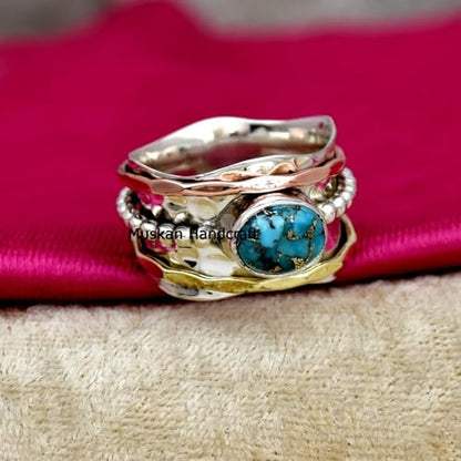 925 Sterling Silver Blue Copper Turquoise Spinner Ring | Handmade, Three Tone, Hammered Band, For Women, Sizes 3-16 US