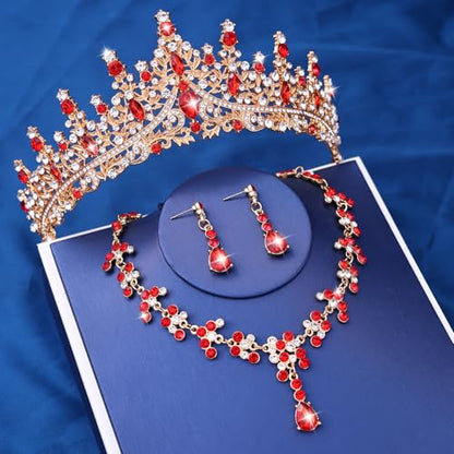 Crystal Crown and Tiara Jewelry Set for Women Bride with Necklace Earrings | Metal Rhinestone Royal Queen Princess Jewelry Set Wedding Quinceanera Pageant Prom Birthday Halloween Party Costume Gift - color: Red