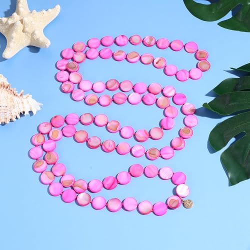 Firstmeet Flat Round Coin Shell Beads Long Knotted Necklace Natural Mother of Pearl Handmade Jewelry For Women - color: Rosered