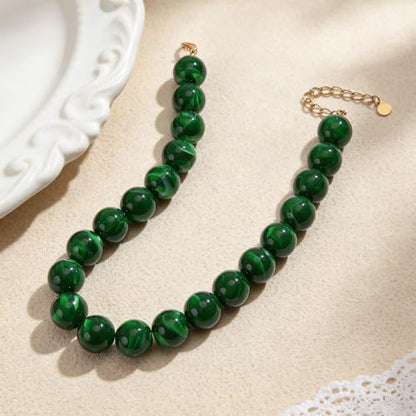 Chunky Beaded Necklace for Women Trendy Boho Collar Statement Necklace Large Round Resin Beads Choker Necklaces Summer Beach Jewelry Gifts - color: Dark Green