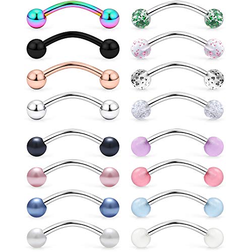 316L Surgical Steel Curved Barbell Snake Eyes Tongue Ring Piercing 16G 14G 4-16PCS - style: 16PCS - 14G 9/16" (14mm)