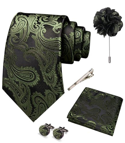 JEMYGINS Mens Paisley Tie and Pocket Square,Lapel Pin,Cufflinks,Tie Clip Sets with Gift Box 5PCS - color: Olive Green