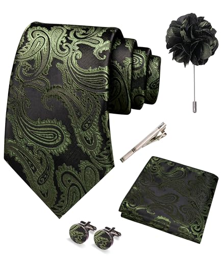 JEMYGINS Mens Paisley Tie and Pocket Square,Lapel Pin,Cufflinks,Tie Clip Sets with Gift Box 5PCS - color: Olive Green