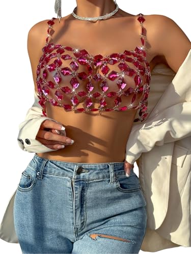 Rhinestones Body Chain Suit Silver Crystal Bikini Bra Underwear Sexy Sparkly Party Body Jewelry Accessories for Women - color: Rose Red