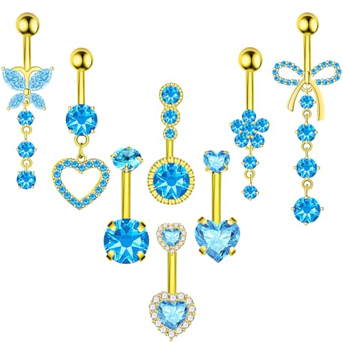 BSJ4U 8Pcs Gold Pink Silver Belly Button Ring Dangle Navel Belly Piercing Jewelry Cute CZ Butterfly Heart Flower Bow Navel Belly Rings for Women 14G Hypoallergenic Surgical Stainless Steel Dainty Dangling Dangly Belly Button Piercing Pack - color: Gold Bl