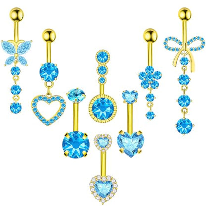 BSJ4U 8Pcs Gold Pink Silver Belly Button Ring Dangle Navel Belly Piercing Jewelry Cute CZ Butterfly Heart Flower Bow Navel Belly Rings for Women 14G Hypoallergenic Surgical Stainless Steel Dainty Dangling Dangly Belly Button Piercing Pack - color: Gold Bl