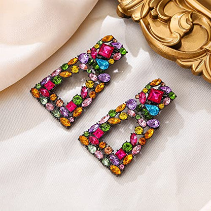 Flyonce Rectangle Clip-on Drop Earrings for Women, Sparkly Rhinestone Crystal Geometric Statement Non Pierced Earring Wedding Prom Party Jewelry for Brides Bridesmaid - color: Multicolor Black-Tone
