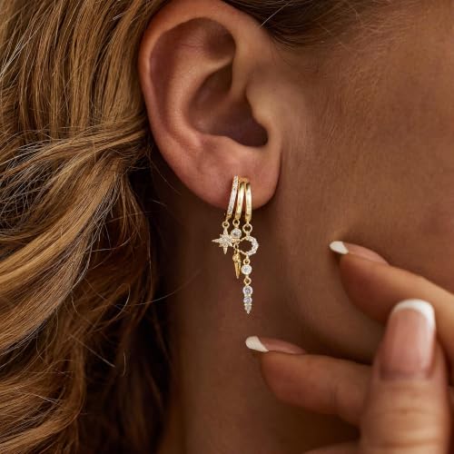 14K Gold Plated Dangle Earrings for Women, Dainty Hoop Huggie Studs, Long Hanging Tassel Chain Multi Pierced Ear Stacking Jewelry Gifts - color: Star Moon Dangle-Gold